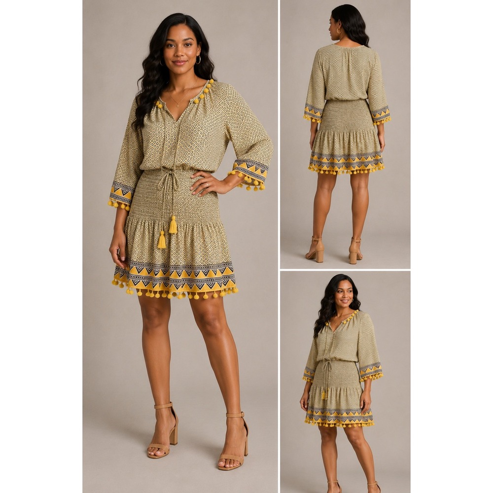 Unbranded‎ Yellow Geometric Smocked Tassel Tunic Dress Size M Boho Festival Mini